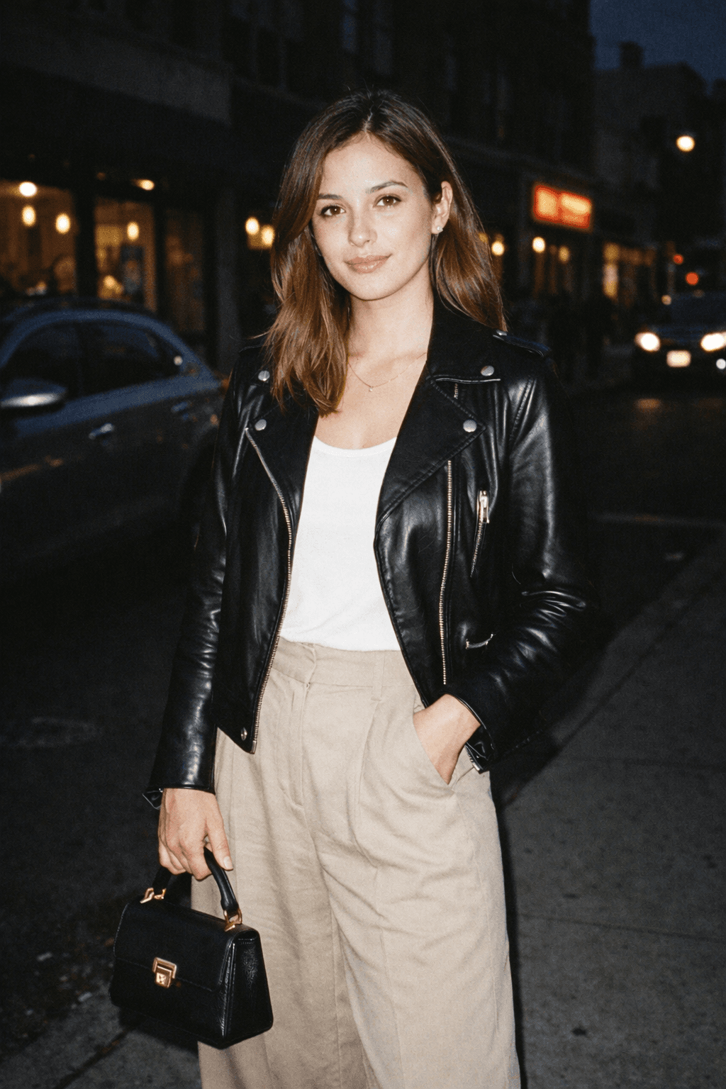 Young woman standing on a city street at night, lit by a harsh disposable-camera flash that brightens her face and outfit while the background falls into darker shadow.